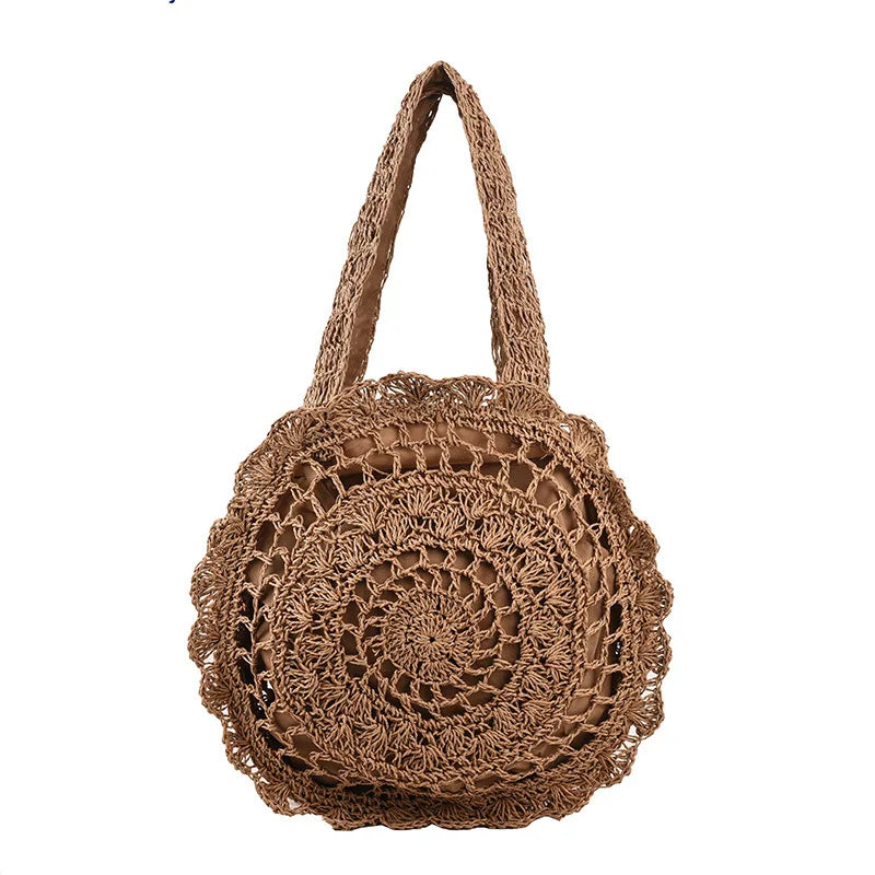 Summer Round Straw Bag Women Woven Rattan Beach Bag Hot New Shoulder Bag Circle Hollow Out Handle Bag Casual Shopper Tote Pouch