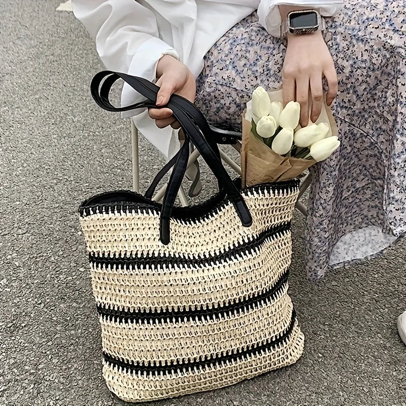Large Boho Chic Striped Woven Tote Bag, Spacious Shoulder Beach & Shopping Bag for Women with Black and White Design, Beach Bag
