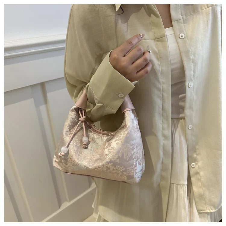 Fashionable Chinese Handbags Fashion Trend Single Shoulder Bag Light Simple Crossbody Bag Random Printed Satin Women's Tote Bag