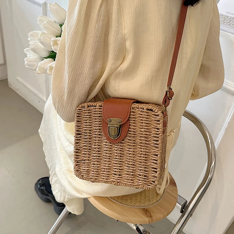 Straw Crossbody Bag For Women Bohemian Small Knitting Summer Purse And Handbag Vacational Square Beach Bags