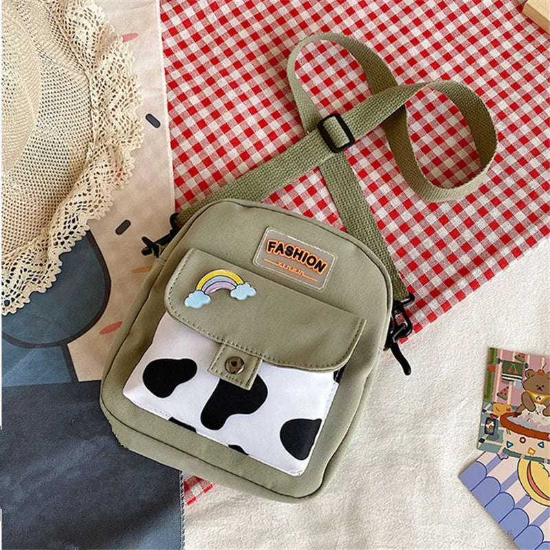 Harajuku Phone Crossbody Bag Nylon Cute Small Bags for Women Cow Pattern Square Small Shoulder Bag Suitable for Women Daily Use