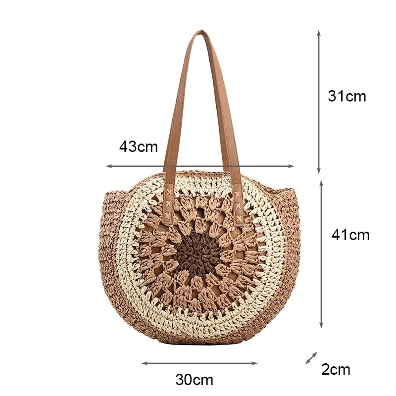 Round Casual Tote Bag with Zipper Closure Vacation Bag Trendy Large Woven Beach Bag Holiday Travel Handbag for Women and Girls