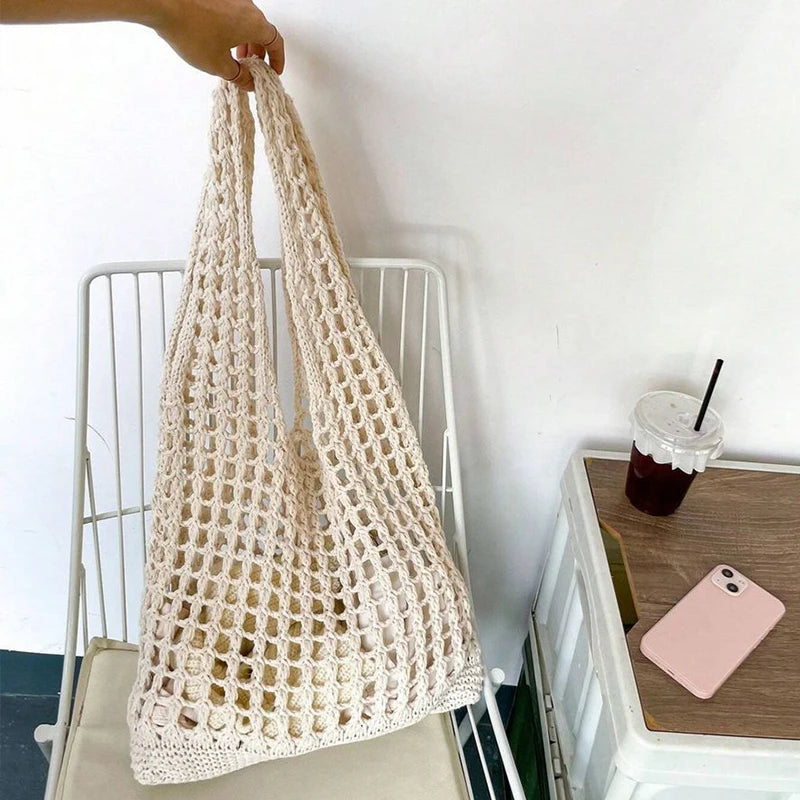 Fashion Crochet Bags for Women Summer Beach Tote Bag Aesthetic Totes Handbag Bohemian Woven Knit Shoulder Bag