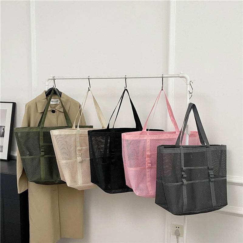 Portable Mesh Beach Bag For Women Makeup Travel Storage Wash Bag Summer Travel Swimming Bath Bag Organizer Shopper Totes