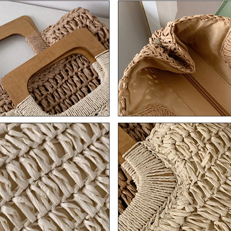 Summer Woven Straw Handbag Female Wooden Handle Bag Large Capacity Travel Beach Bag Fashion Style Totes Hollow out Tote Bolsa