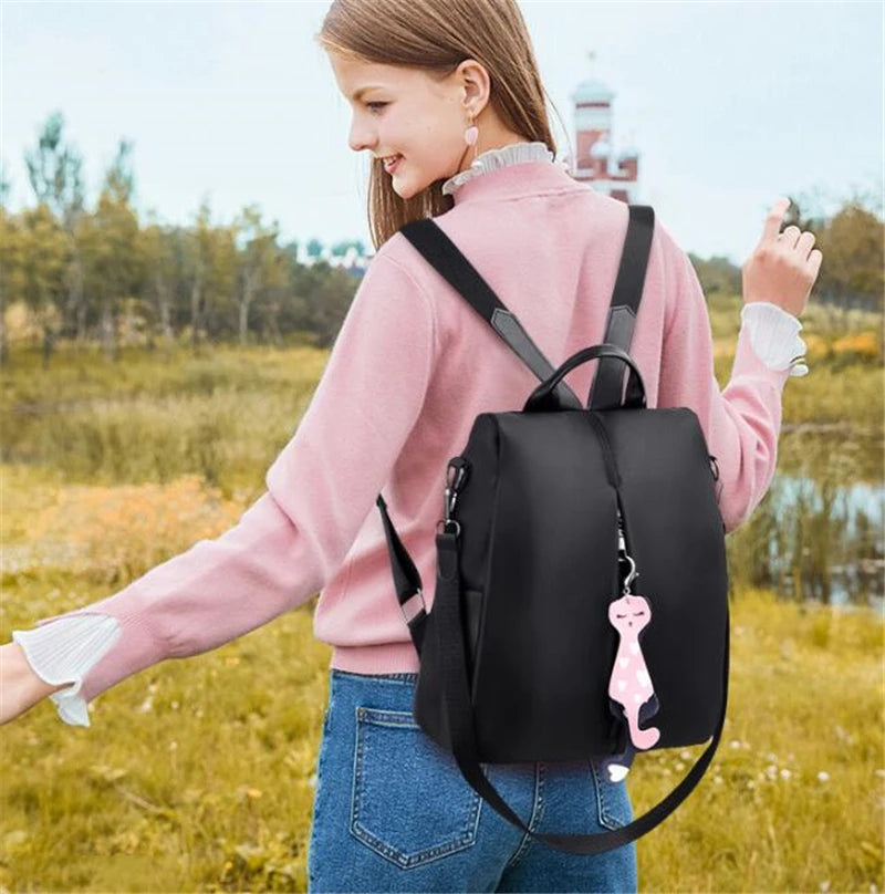 Solid Color Large Daypack for Female, Bagpack with Cat Pendant ,Women Simple Travel Shoulder Bags ,Multi-use Nylon Backpack