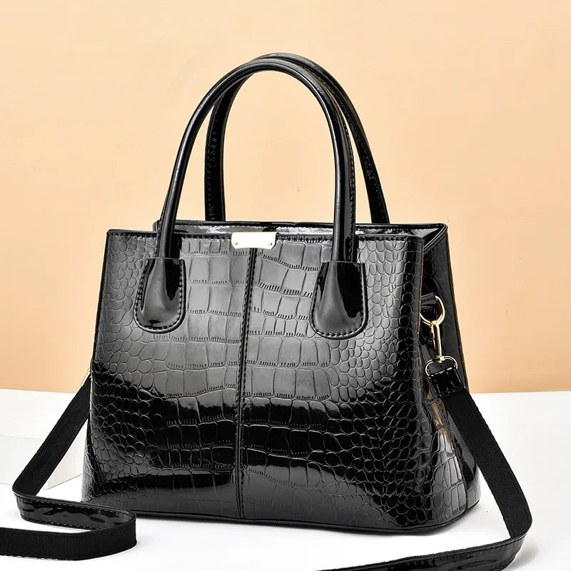 Ladies' shiny leather design solid color shoulder bag fashionable and simple large capacity shopping handbag