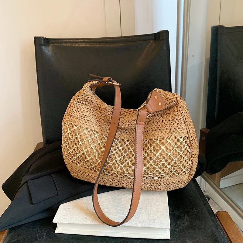 Women Hollow Shoulder Bag Large Capacity Straw Weaving Travel Handbag Adjustable Strap Shopper Tote Bag