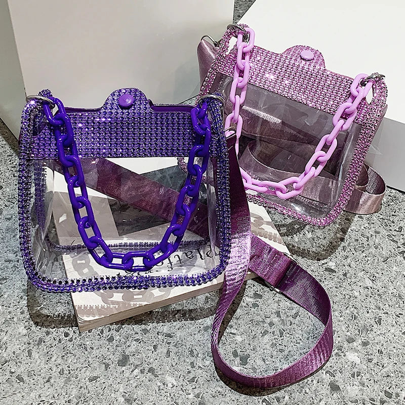 PVC Transparent Shoulder Crossbody Bag Rhinestone Thick Chain Ladies Small Purse and Handbags Fashion Jelly Summer Beach Totes
