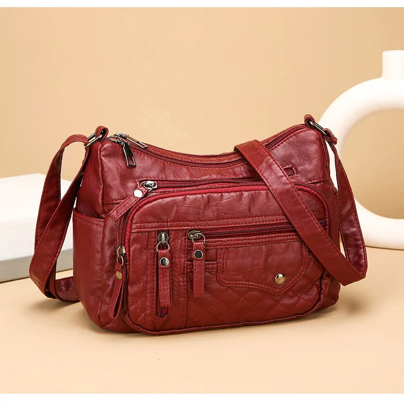 Fashionable Four Seasons Soft Leather Multi Pocket Cross Bags, Multi Layer Zipper Pouch Single Shoulder Bag for Women Daily Use
