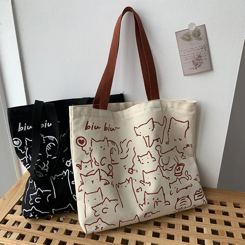 Art Design Cute Animals Printed Handbag Shoulder Bag, Literary Retro Canvas Tote Bags for Women Daily Use Work, Shopping School
