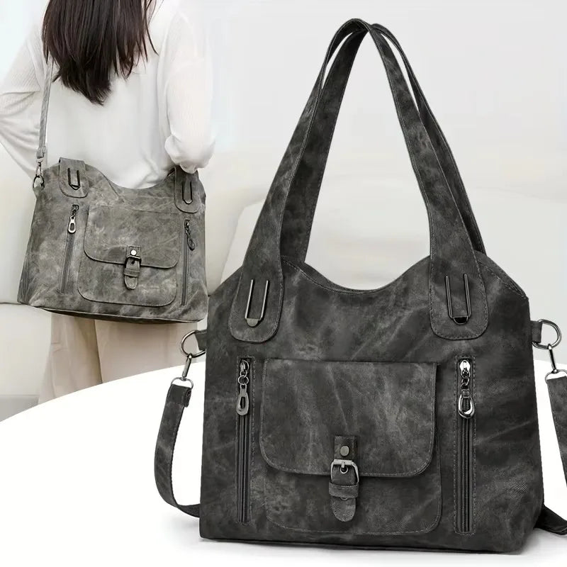 Soft Synthetic Leather Retro Women's Shoulder Tote Bag, Multiple Pockets for Daily Use or Work, Versatile Carry Bag