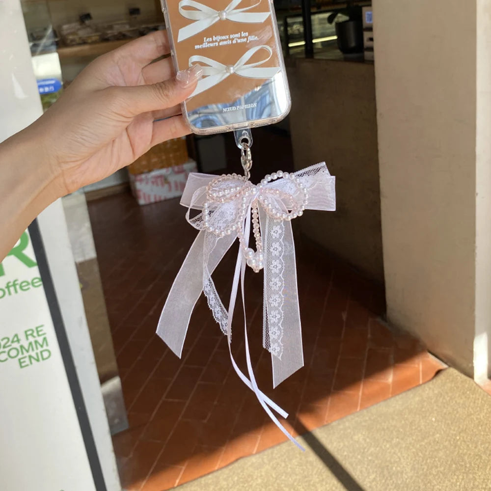 Hot Y2K Korea Cute Lace Pearl Chain Phone Strap Charm Chain Bowknot Cellphone Lanyard Keychain Earphones Bag Pendant Accessories