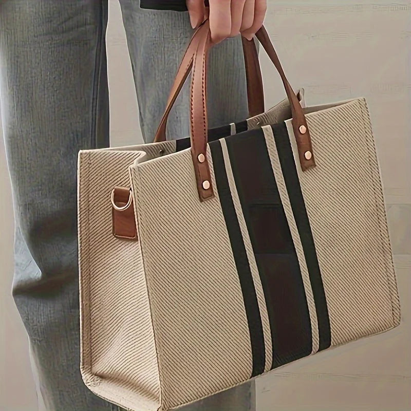 Stylish Women'S Canvas Tote Bag, Black Blue Striped Design Handbag Shoulder Bag for Work, School, Shopping, Beach Outings & Gym