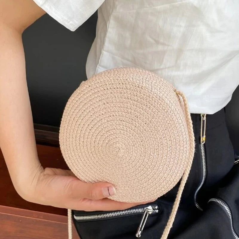 Round Straw Bag Women Woven Beach Crossbody Bag for Ladies Cute Shoulder Rattan Handmade Knitted Candy Color Small Handbag Bolsa