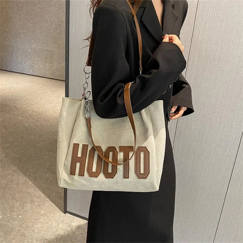 Stylish Tote Bag, Nubuck Pu Letter HOOTO Design for Women Handbag Shoulder Bag, Large Capacity Nylon leisure Travel Shopping Bag