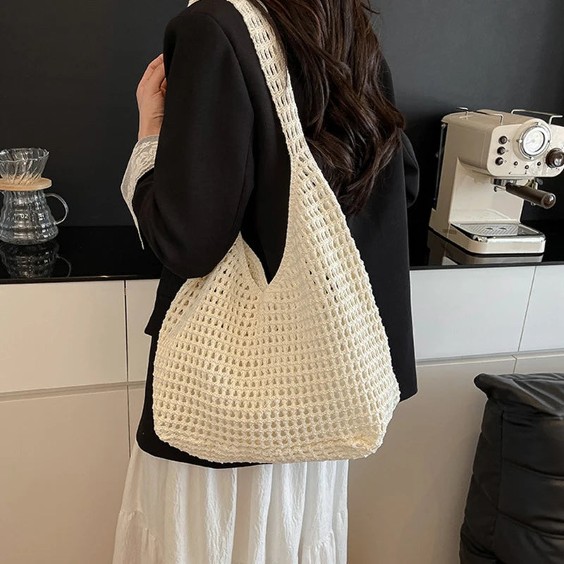 New Sweet Crochet Shoulder Bag Leisure Beach Hollow Out Handbag Women Solid Color Woven Totes Bag For Travel
