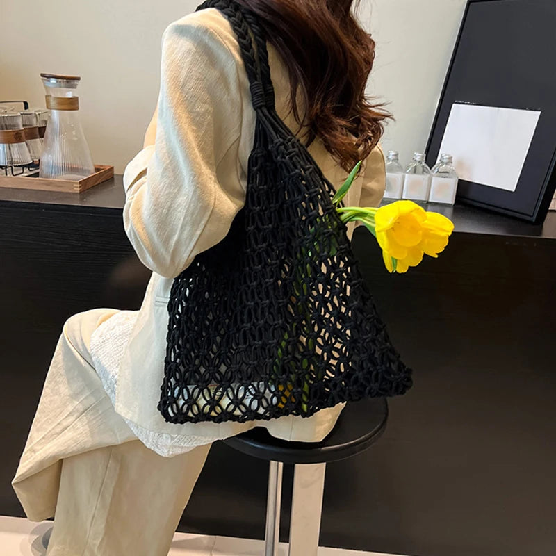 Hand-Woven Bag Women Handmade Hollow Handbag Female Shoulder Bag Big Capacity Summer Casual Travel Beach Tote Purse