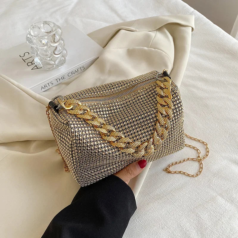 Full Version Rhinestone Bucket Tote Bag, Stylish Sparkling Chain Ball Pillow Shoulder Bag, Women's Mini Hand-Held Crossbody Bag