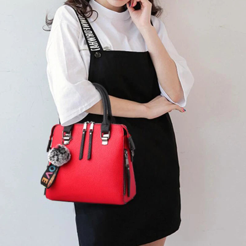 PU Leather Women's Crossbody Bag, Fur Ball Pendant Shoulder Bag, Solid Color Handbag