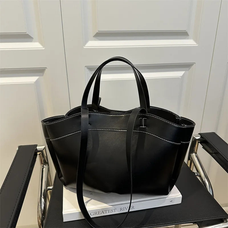 Solid Color Soft Leather Handbag Women Single Shoulder Tote Bag, Large Capacity Commuting Set Handbags Shopping Cross Body Bags