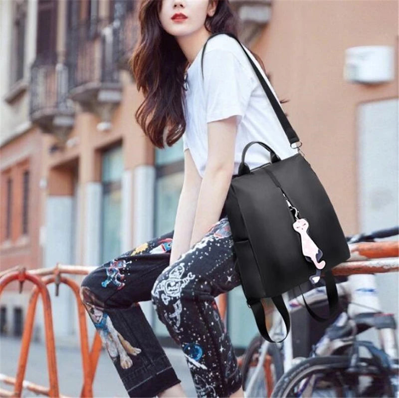 Solid Color Large Daypack for Female, Bagpack with Cat Pendant ,Women Simple Travel Shoulder Bags ,Multi-use Nylon Backpack