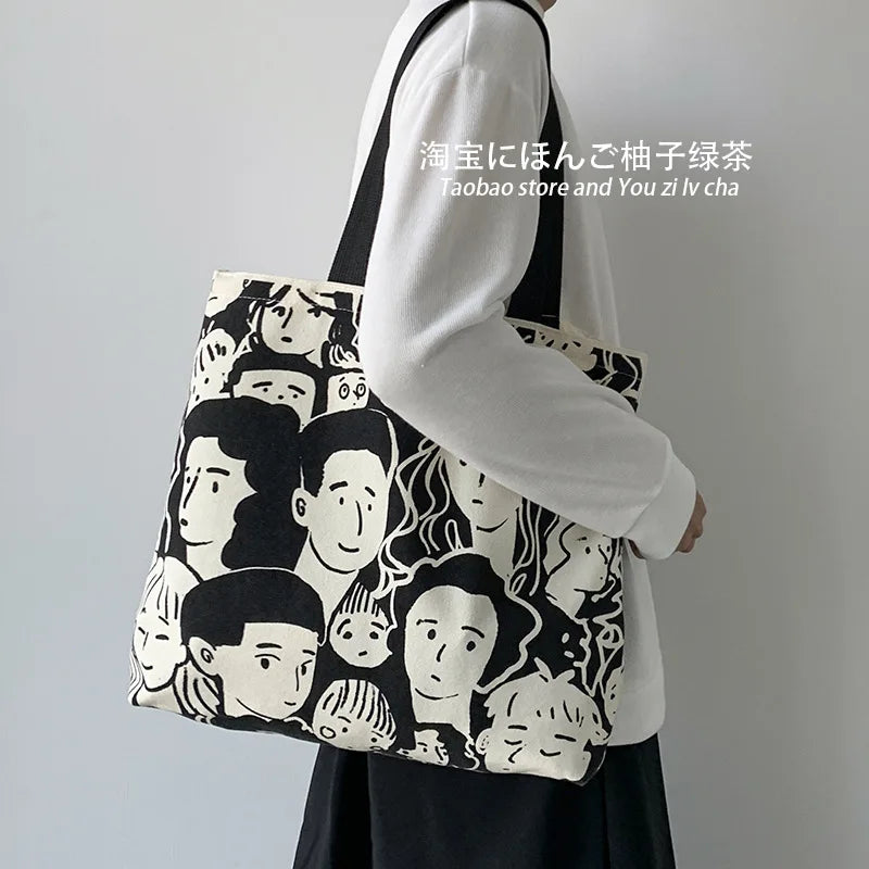 Teen Youth Pattern Canvas Bag, Large Capacity Female Single Handbag Shoulder Bag, Student Literary Artistic Simple Shopping Bag
