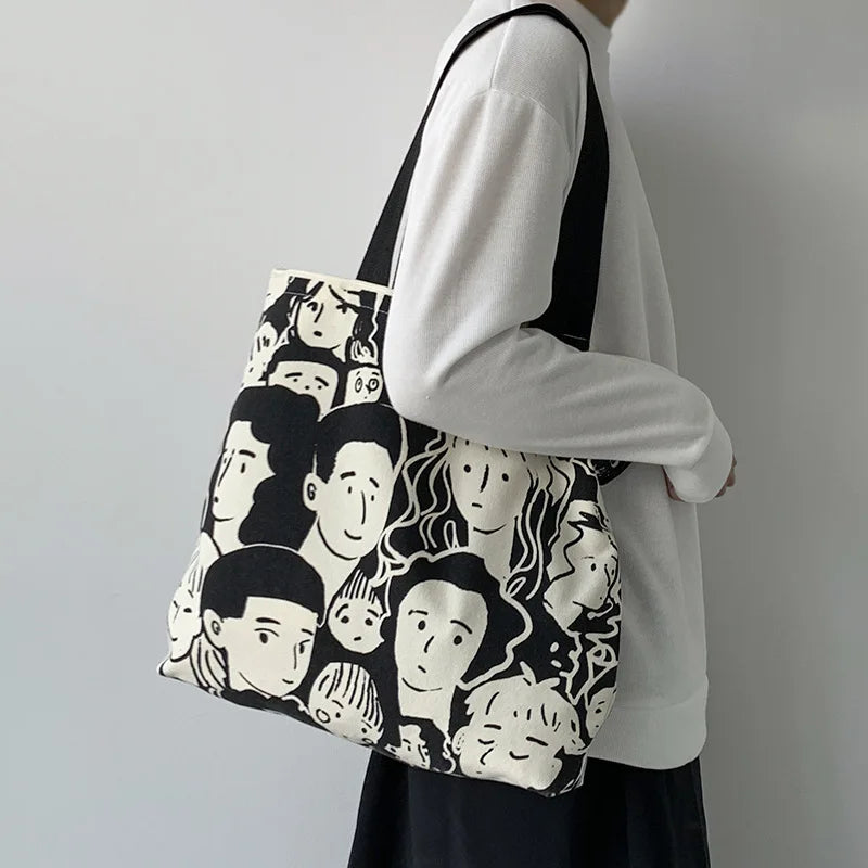 Teen Youth Pattern Canvas Bag, Large Capacity Female Single Handbag Shoulder Bag, Student Literary Artistic Simple Shopping Bag
