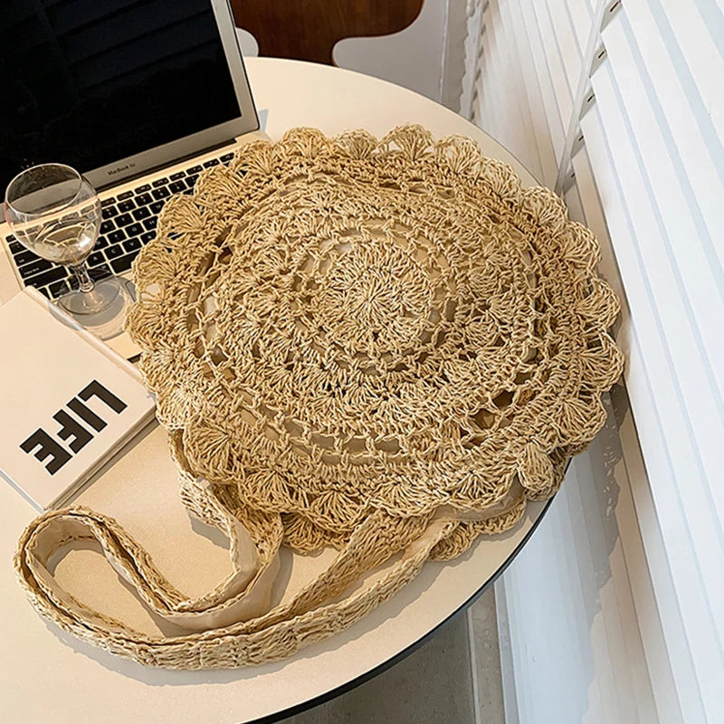 Bohemian Straw Bags for Women Circle Beach Handbags Summer Rattan Shoulder Bags Handmade Knitted Travel Big Totes Bag New