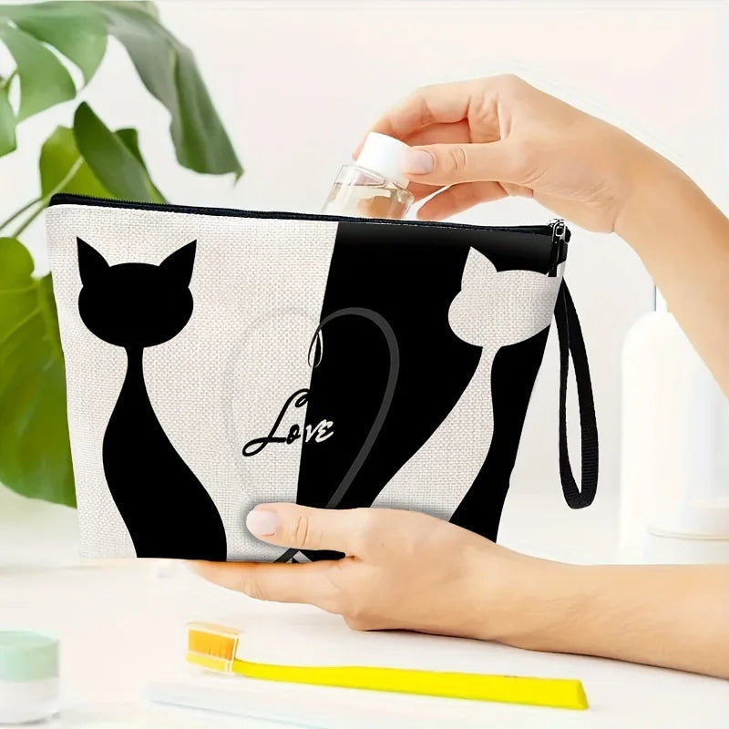 Cat Heart Design Cosmetic Bag, Polyester Storage Wash Makeup Pouch Zippered Travel and Daily Use Organizer Ideal Gift for Women