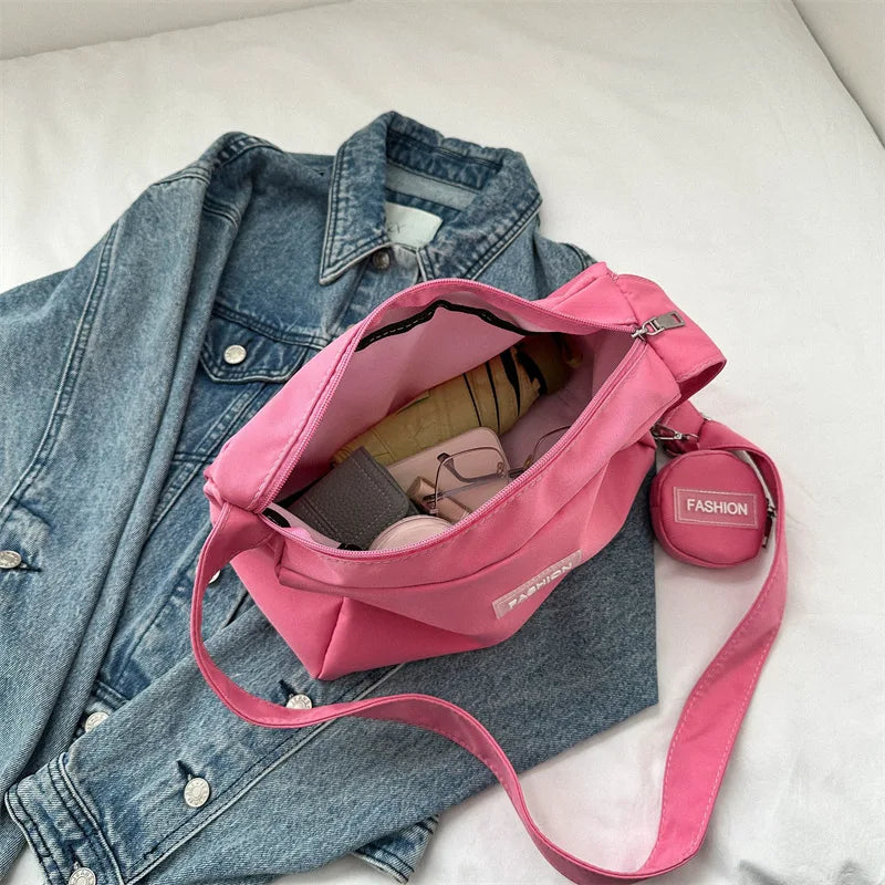 Fashion Crossbody Bag with Round Small Pouch, Versatile Stylish Lightweight Oxford Shoulder Bag for Women Daily Use Work Travel