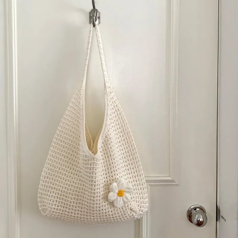 New Sweet Crochet Shoulder Bag Leisure Beach Hollow Out Handbag Women Solid Color Woven Totes Bag For Travel