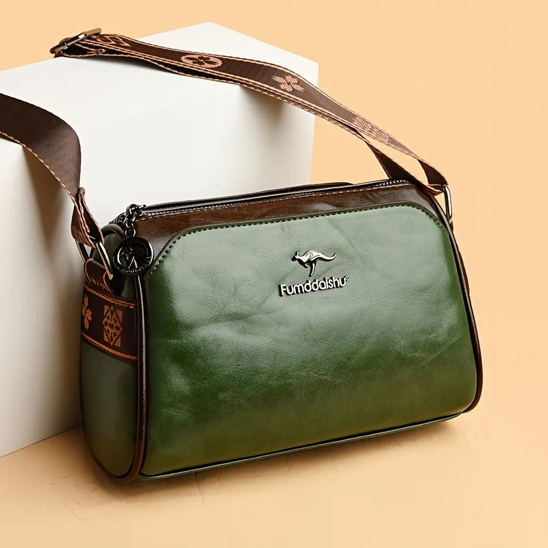 Retro Double Sided Leather Women's Crossbody Bag Water-Resistant Pillow Shaped Shoulder Bag with Adjustable Strap Zipper Closure