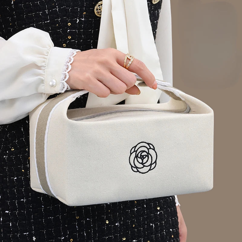 Premium Handheld Portable Camellia Canvas Makeup Bag for Travel Large Capacity Toiletries Cosmetics Skincare Storage Bag