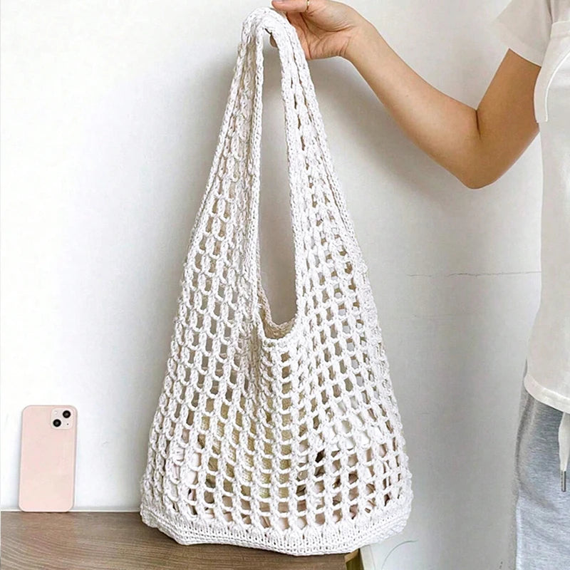 Fashion Crochet Bags for Women Summer Beach Tote Bag Aesthetic Totes Handbag Bohemian Woven Knit Shoulder Bag
