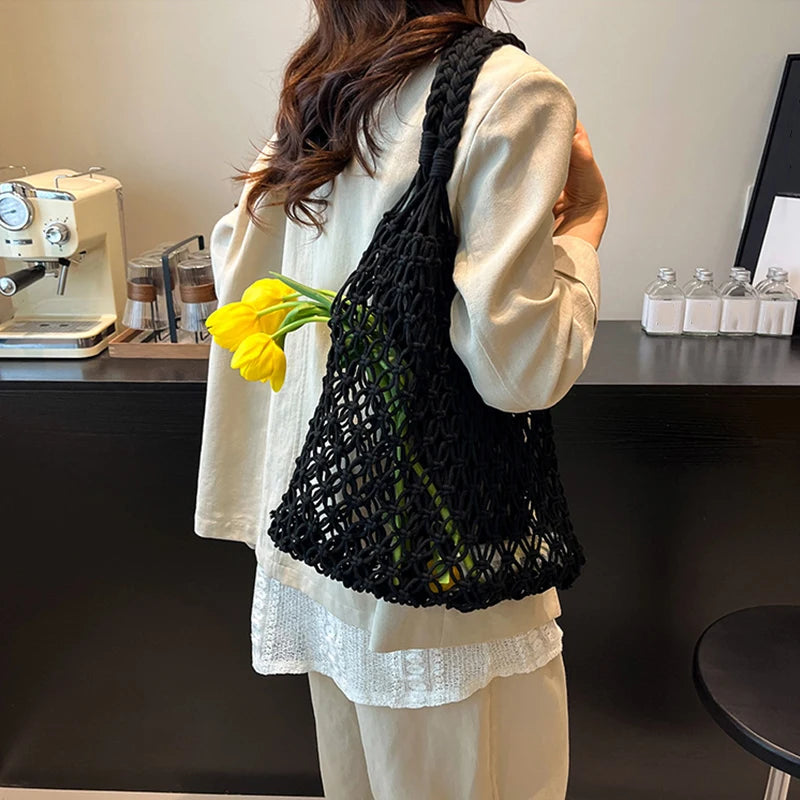 Hand-Woven Bag Women Handmade Hollow Handbag Female Shoulder Bag Big Capacity Summer Casual Travel Beach Tote Purse
