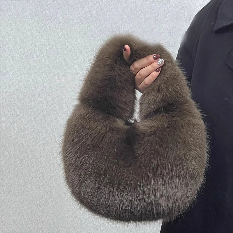 Fashion Soft Plush Half Moon Bags for Women Designer Fluffy Faux Fur Lady Handbags Luxury Small Tote Female Winter Purses