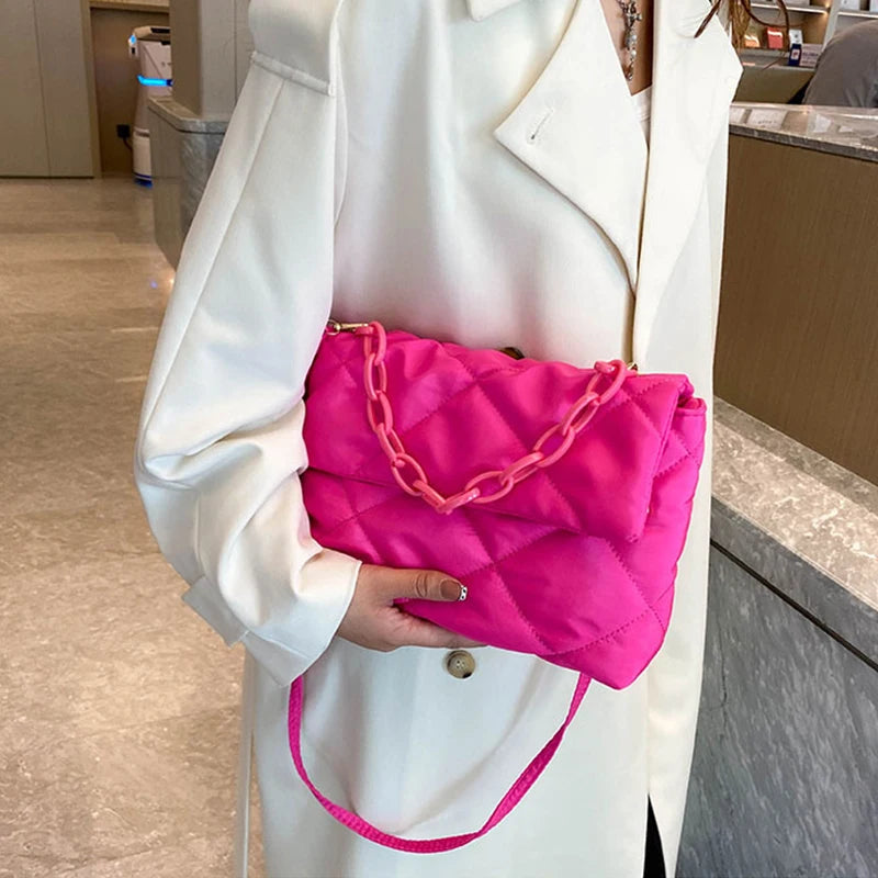 Fashion Chain Crossbody Bags Women Winter Cotton Padded Quilted Shoulder Bags Casual Large Capacity Simple Female Handbags