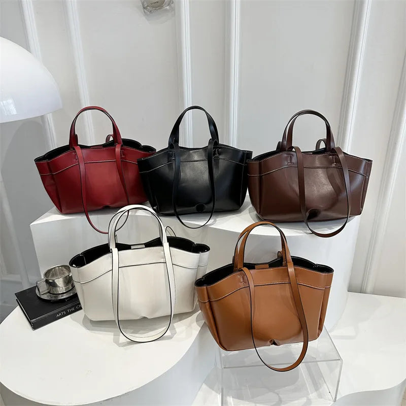 Solid Color Soft Leather Handbag Women Single Shoulder Tote Bag, Large Capacity Commuting Set Handbags Shopping Cross Body Bags