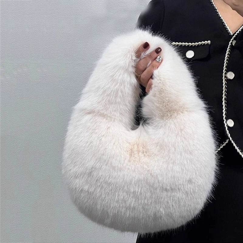 Fashion Soft Plush Half Moon Bags for Women Designer Fluffy Faux Fur Lady Handbags Luxury Small Tote Female Winter Purses