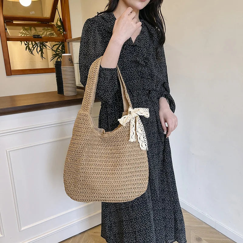 Fashion Straw Women Shoulder Bags Paper Woven Female Handbags Large Capacity Summer Beach Straw Bags Casual Tote Purses