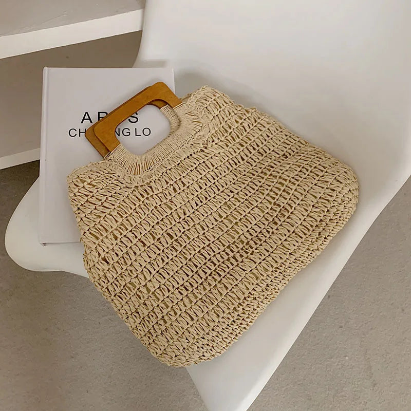 Summer Woven Straw Handbag Female Wooden Handle Bag Large Capacity Travel Beach Bag Fashion Style Totes Hollow out Tote Bolsa