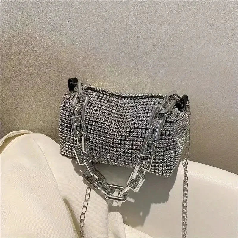 Full Version Rhinestone Bucket Tote Bag, Stylish Sparkling Chain Ball Pillow Shoulder Bag, Women's Mini Hand-Held Crossbody Bag