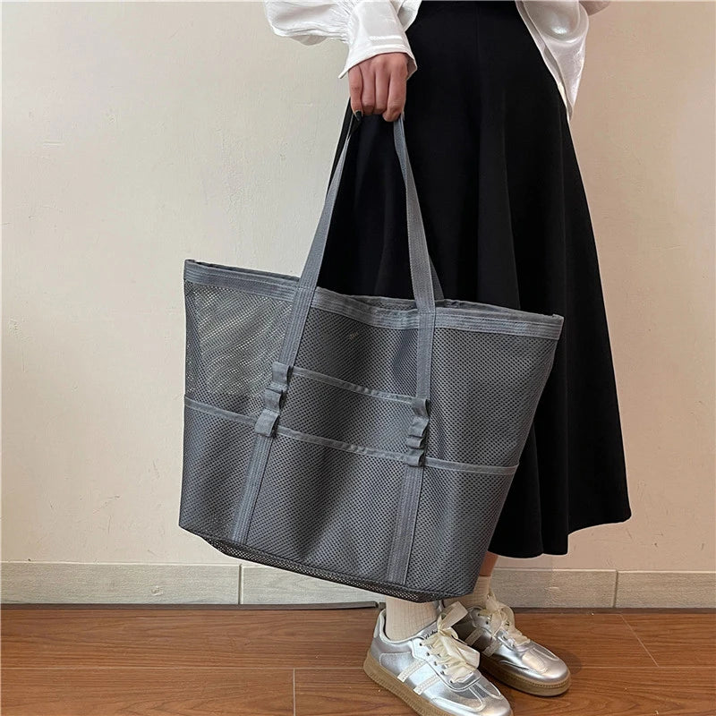 Portable Mesh Beach Bag For Women Makeup Travel Storage Wash Bag Summer Travel Swimming Bath Bag Organizer Shopper Totes