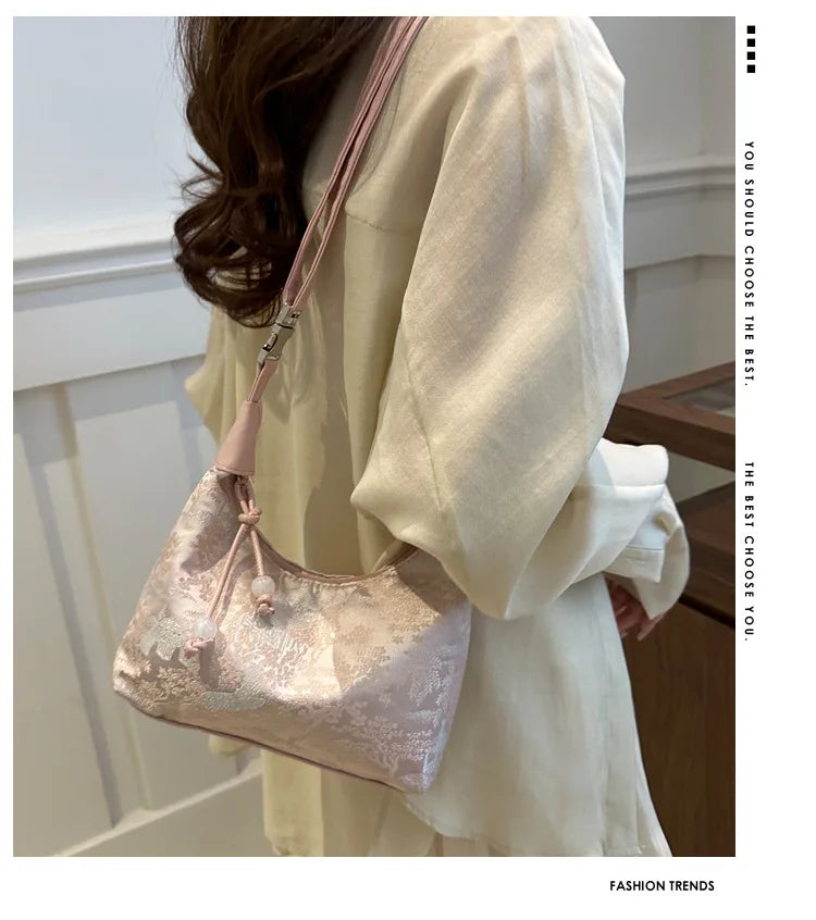 Fashionable Chinese Handbags Fashion Trend Single Shoulder Bag Light Simple Crossbody Bag Random Printed Satin Women's Tote Bag