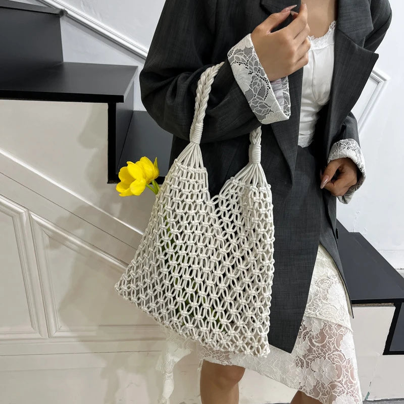 Hand-Woven Bag Women Handmade Hollow Handbag Female Shoulder Bag Big Capacity Summer Casual Travel Beach Tote Purse