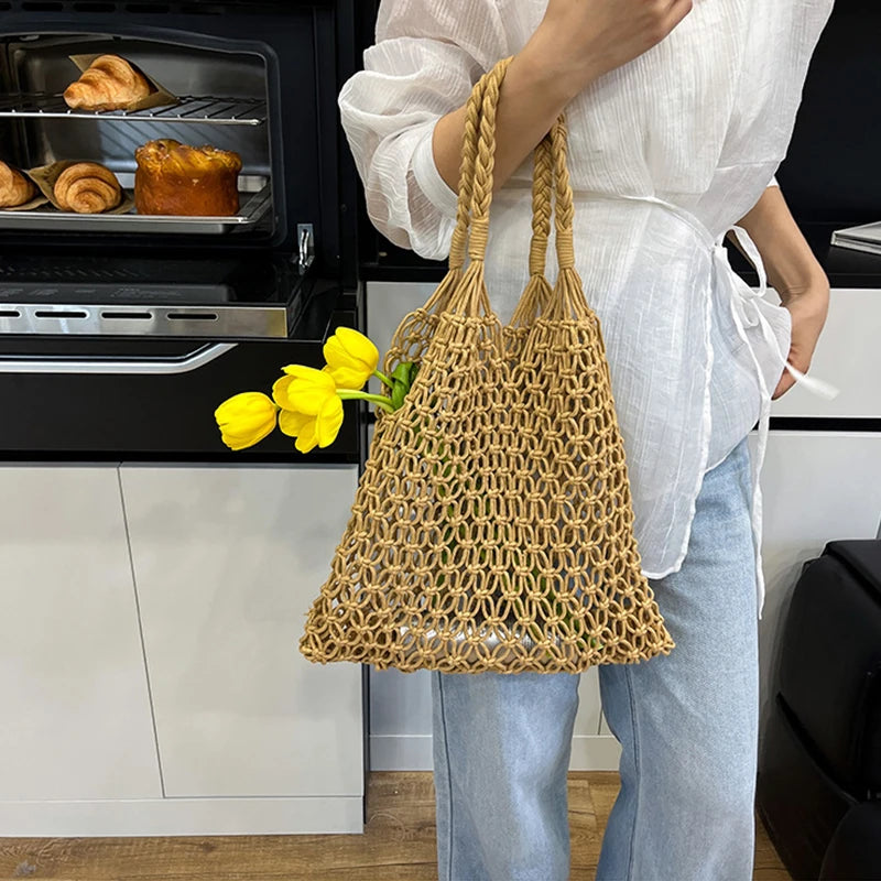 Hand-Woven Bag Women Handmade Hollow Handbag Female Shoulder Bag Big Capacity Summer Casual Travel Beach Tote Purse