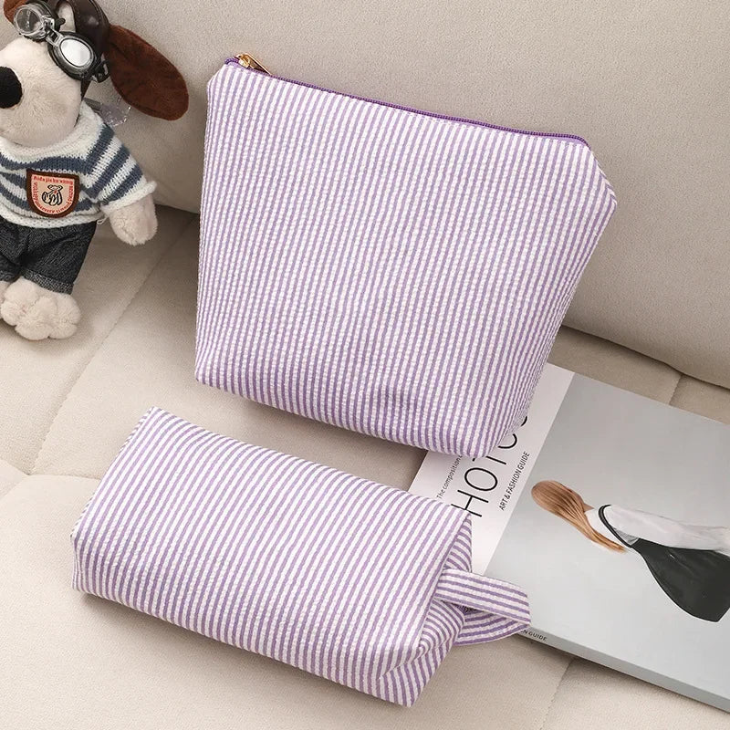 2 Pcs Set Large Capacity Ladies Stripe Toiletry Bag Makeup Case Travel Female Storage Handbag Clutch Purse Women's Cosmetic Bags