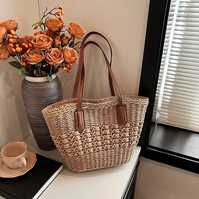 Summer Straw Bags for Women Straw Shoulder Bags Rattan Woven Top Handle Bag Hollow Raffia Crochet Beach Bag Casual Handbags