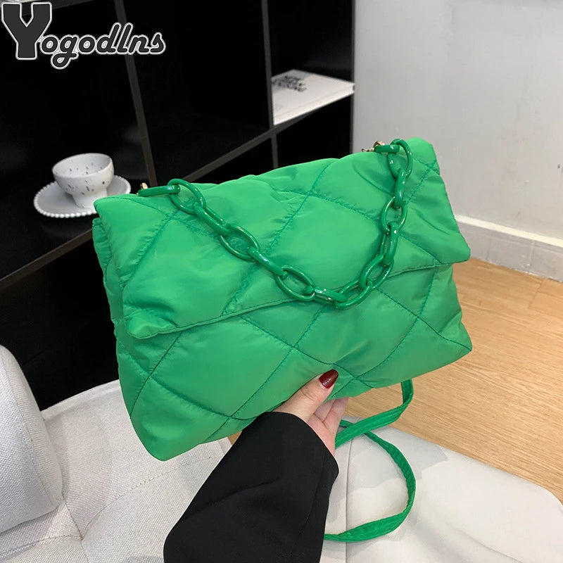 Fashion Chain Crossbody Bags Women Winter Cotton Padded Quilted Shoulder Bags Casual Large Capacity Simple Female Handbags